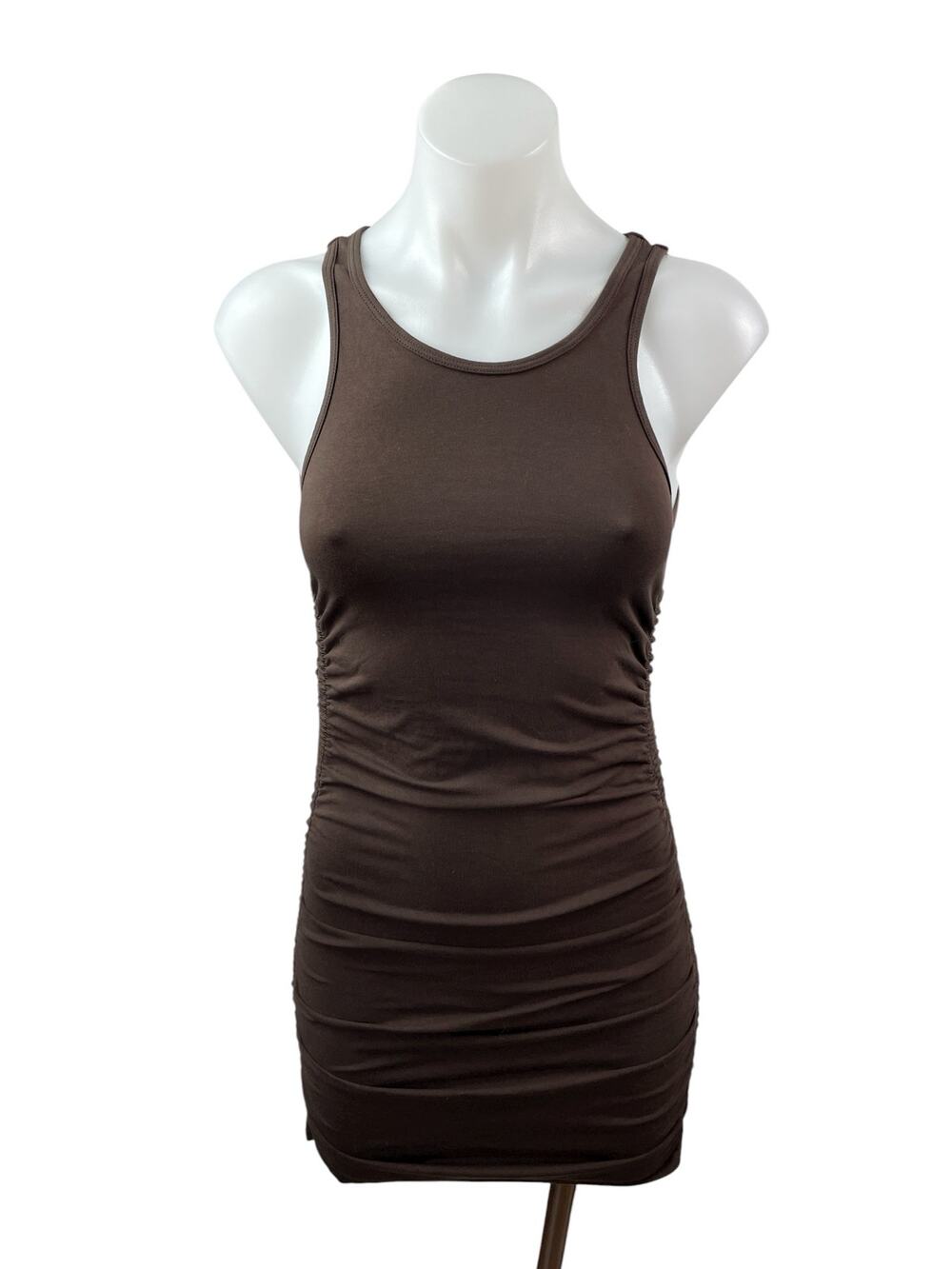 Aritzia TNA Brown High Neck Sleeveless Rucked Tank Cami Mini Bodycon Dress XS